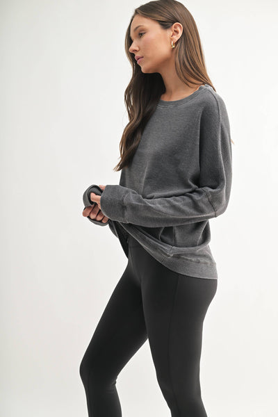 Black Mineral Wash Waffle Ribbed Pullover