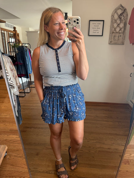 Navy Floral Printed Paper Bag Shorts