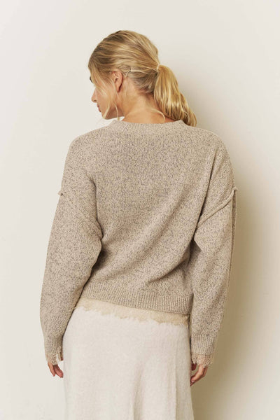 Lace Trim Exposed Seam Button Down Knit Cardigan