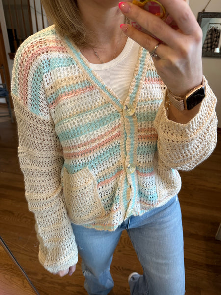 Multi Stripe Crochet Button Cardigan