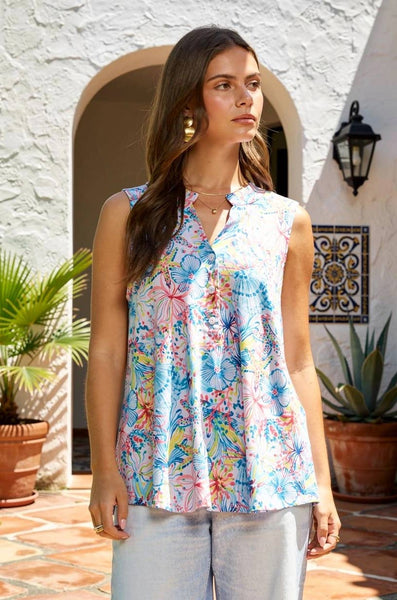 Aqua Tropical Floral Sleeveless Tank Top