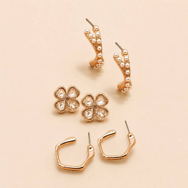 Gold Floral Gem Pearl Hoop Trio Earrings