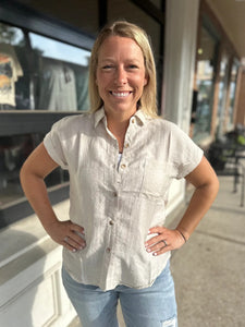 Oatmeal Cuffed Sleeve Button Down Top