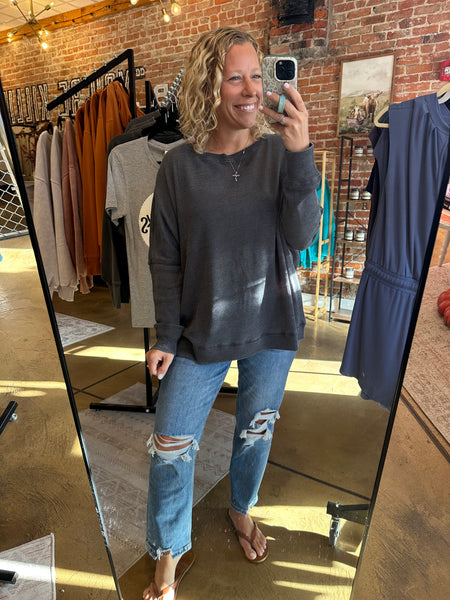 Black Mineral Wash Waffle Ribbed Pullover