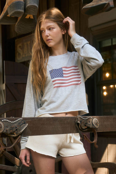 Heather Grey USA Raw Hem Knit Top