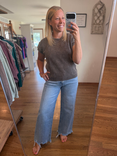 Dark Brown Acid Wash Back Button Knit Top