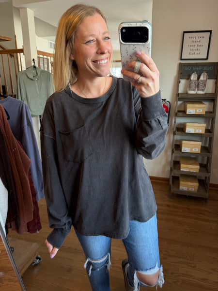 Black Oversized Washed Long Sleeve Pocket Tee