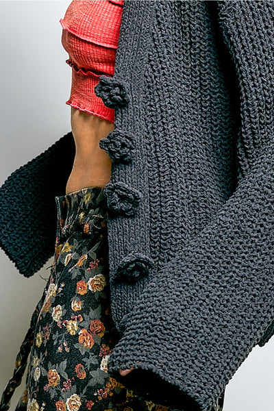 Charcoal Chenille Flower Button Cardigan