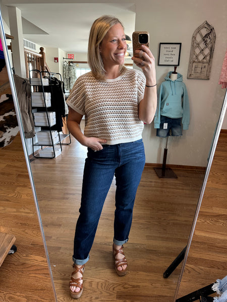 Khaki & Cream Stripe Short Sleeve Sweater