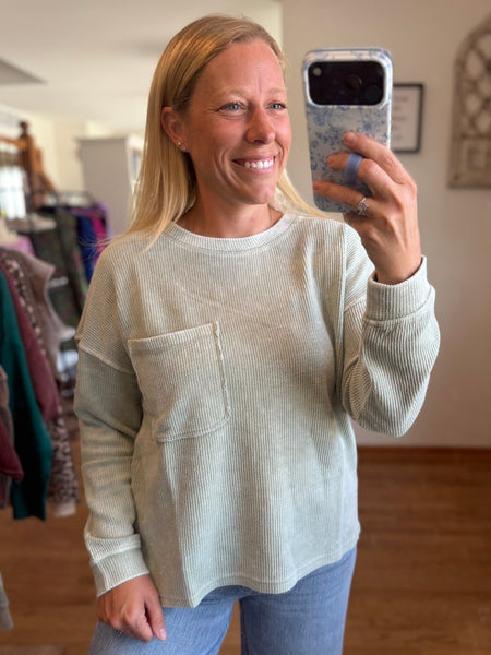 Light Olive Washed Pocked Ribbed Knit Top