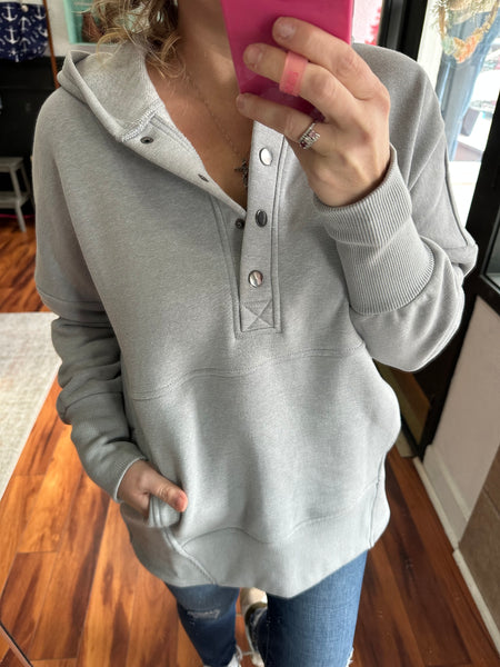 Heather Grey Button Hooded Pullover