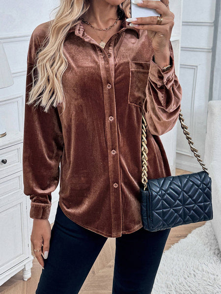 Chocolate Velvet Button Down Top