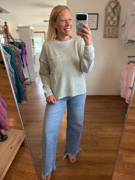 Light Olive Washed Pocked Ribbed Knit Top