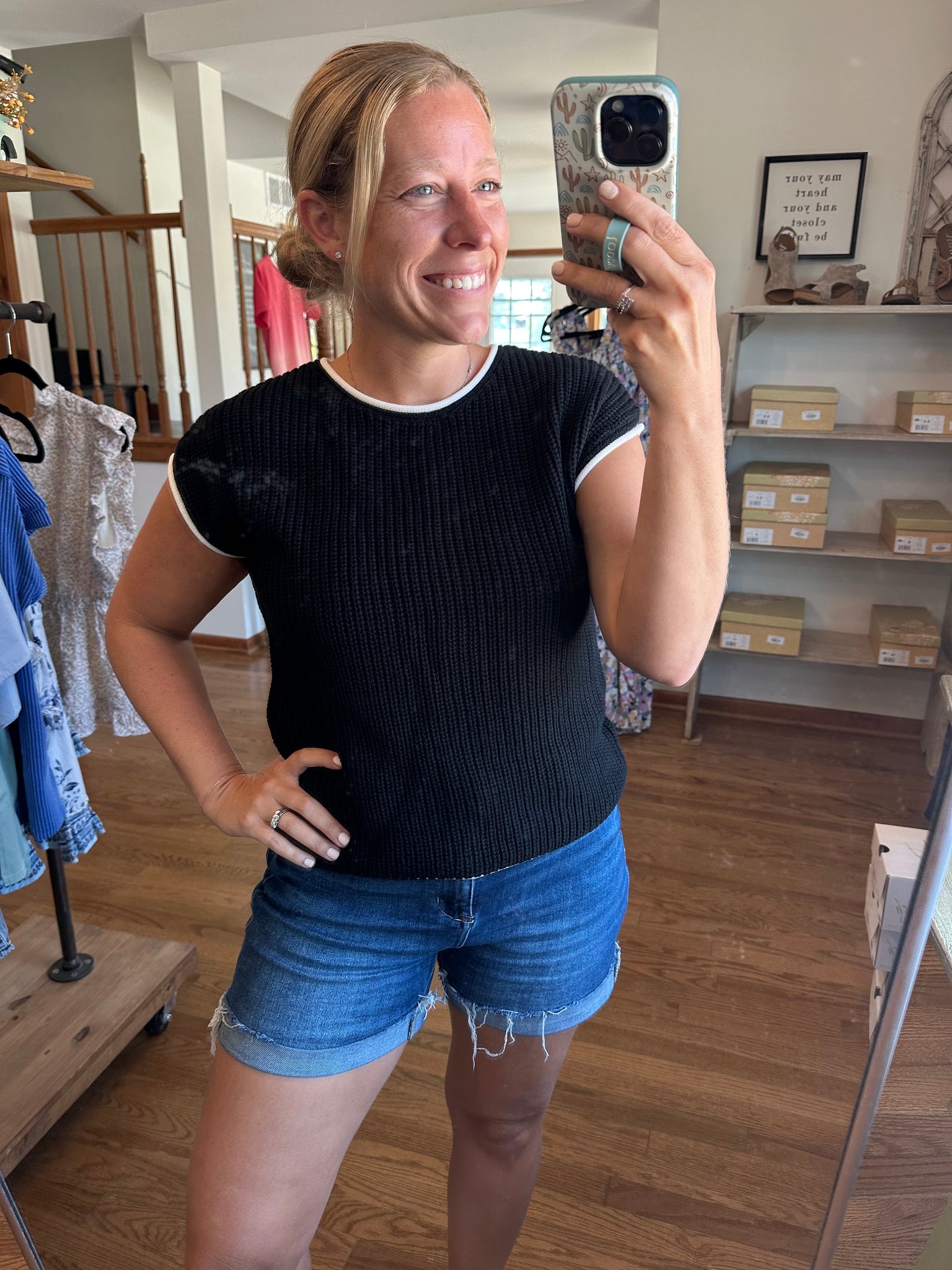 Black Button Back Short Sleeve Sweater Top