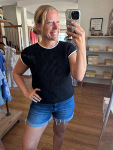 Black Button Back Short Sleeve Sweater Top
