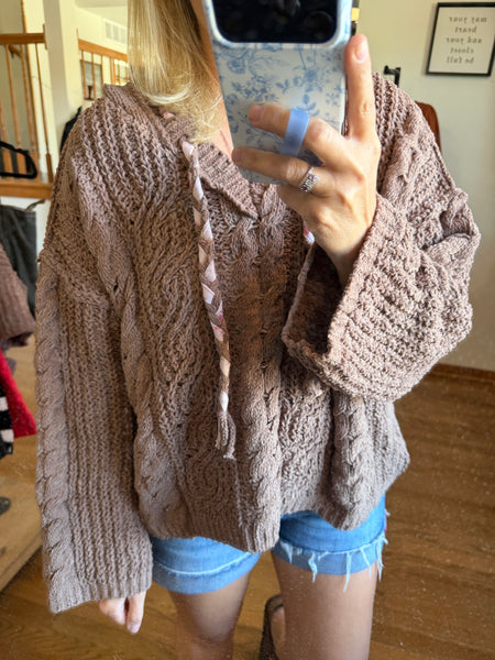 Chocolate Hooded Chenille Cable Knit Sweater