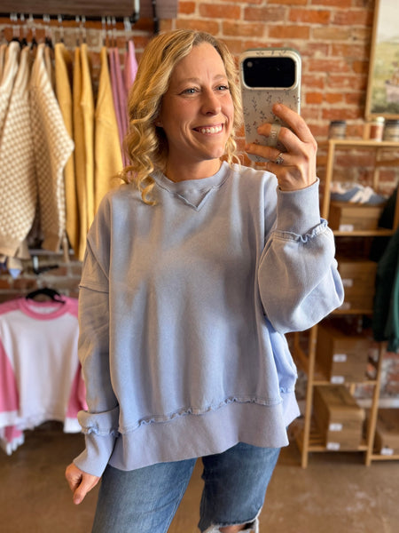 Misty Blue Distressed Washed Pullover