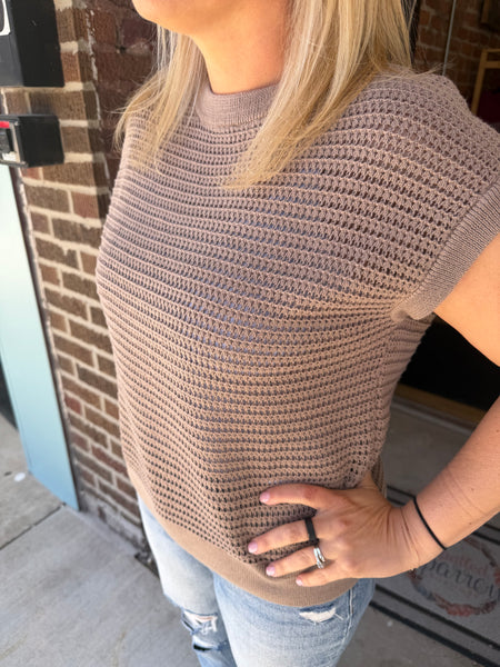 Silken Taupe Coastal Crochet Breeze Knit Top