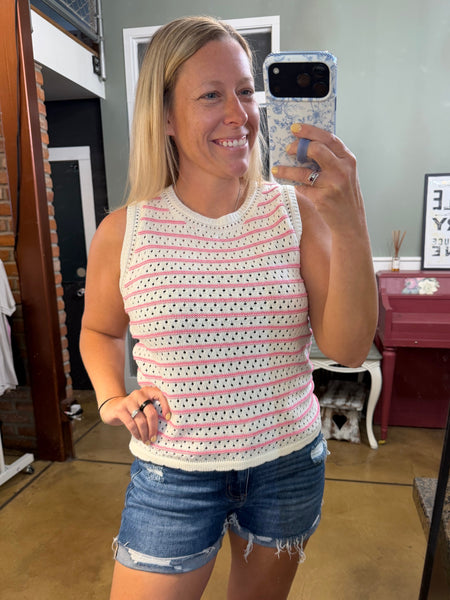 Pink Stripe Crochet Sleeveless Sweater