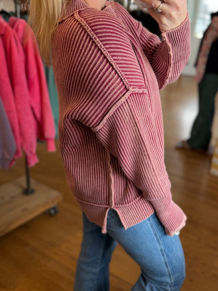 Cabernet Mineral Wash Side Slit Oversized Sweater