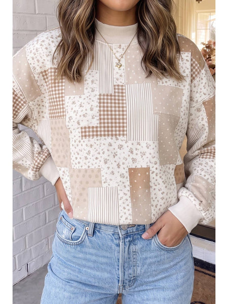Khaki Patchwork Mock Neck Sweatshirt