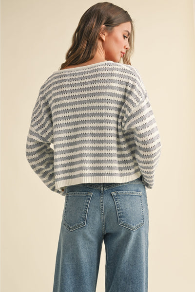 Ivory & Blue Stripe Crochet Knitted Cardigan