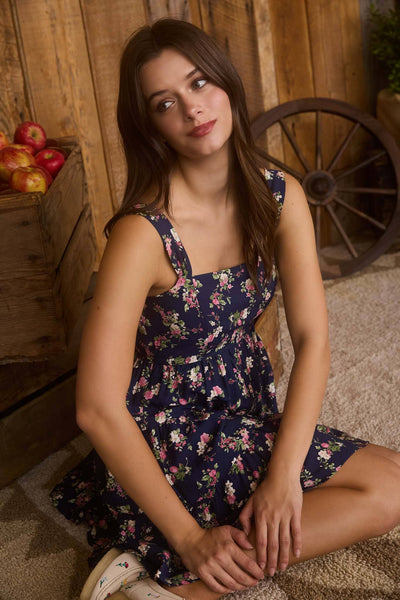 Navy Floral Sleeveless Tiered Mini Dress