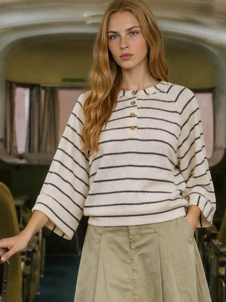 Cream Stripe Wide Sleeve Sweater