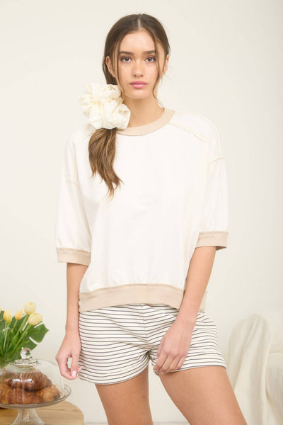 Cream Contrast Trim Short Sleeve Knit Top