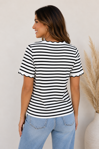 Black & White Stripe Scalloped Trim Top