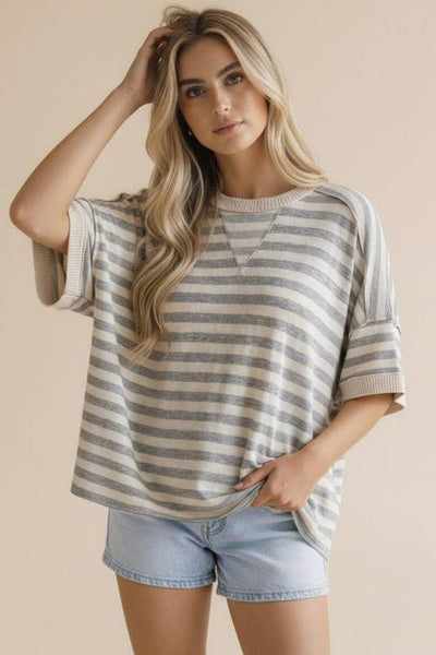 Heather Grey & Oatmeal Stripe Pullover Top