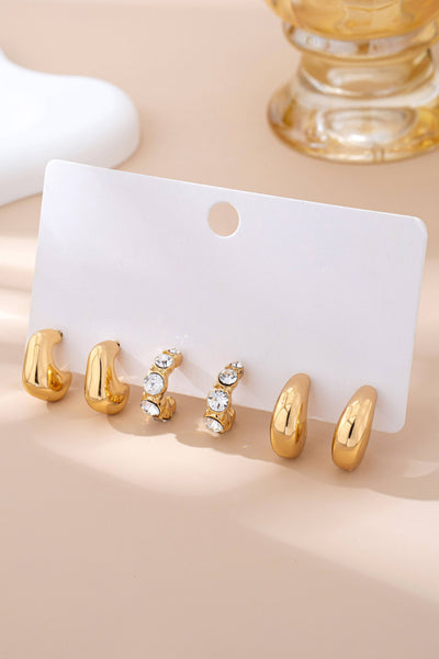Gold Rhinestone Geo Puffy Hoop Trio
