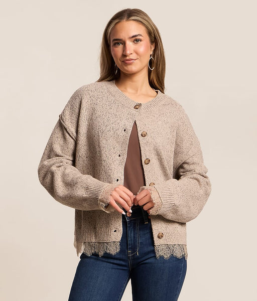 Lace Trim Exposed Seam Button Down Knit Cardigan
