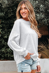 Light Grey Lace Sleeve Crew Neck Sweatshirt