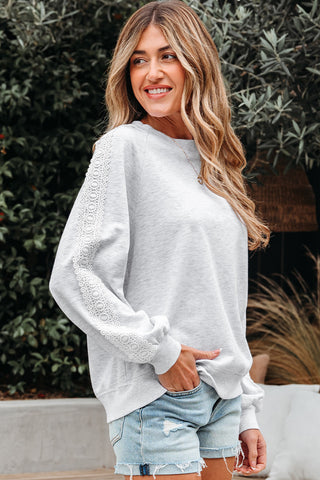 Light Grey Lace Sleeve Crew Neck Sweatshirt