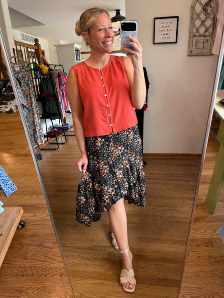 Black Floral Print Asymmetric Midi Skirt