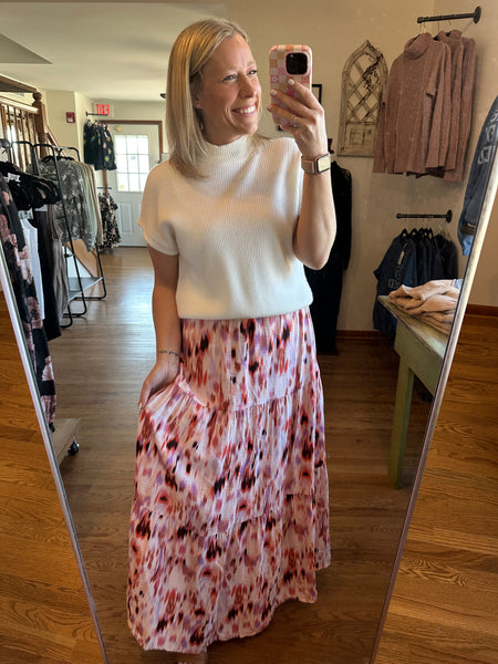 Pink Watercolor Tiered Maxi Skirt