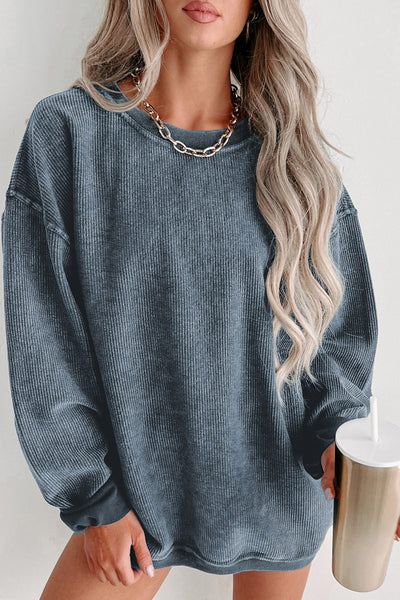 Slate Blue Ribbed Knit Pullover Sweatshirt