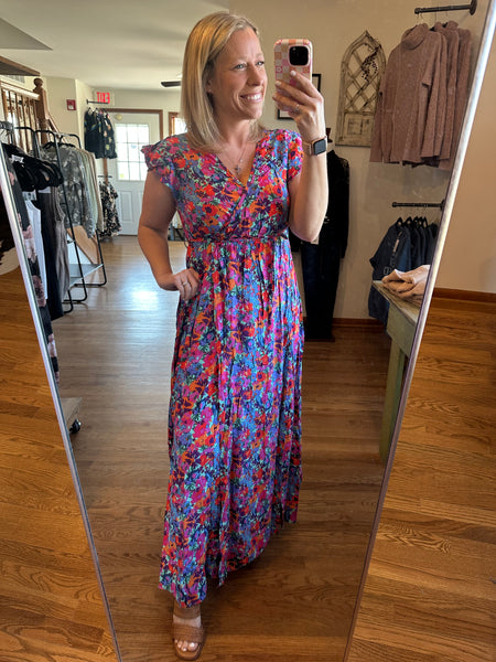 Blue Floral V-Neck Wrap Split Maxi Dress