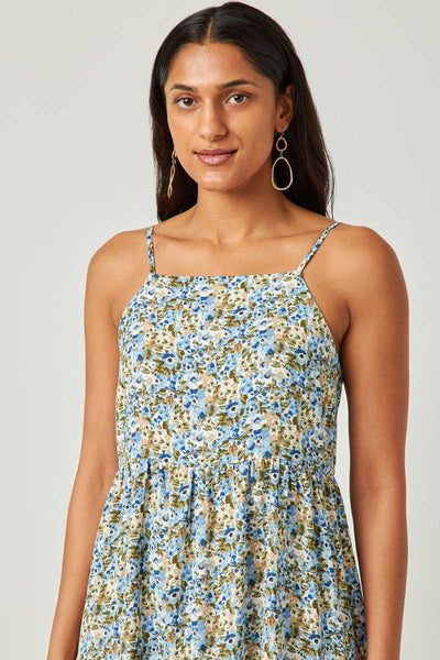 Blue Smocked Back Tiered Midi Dress