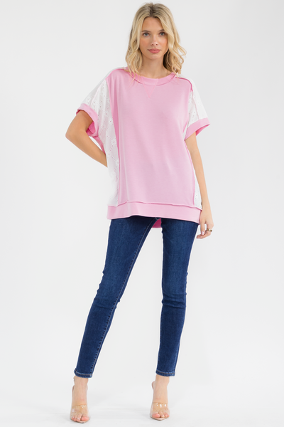 Pink & Ivory Lace Sleeve Tee