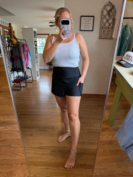 Black Wide Waistband Shorts + Pockets