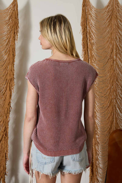 Terracotta Raw Edge Short Sleeve Henley Top