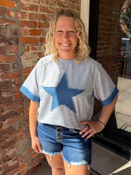 Heather Grey Denim Star Patchwork Top