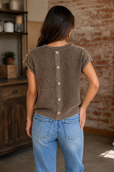 Dark Brown Acid Wash Back Button Knit Top