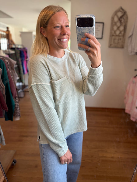 Light Olive Washed Pocked Ribbed Knit Top