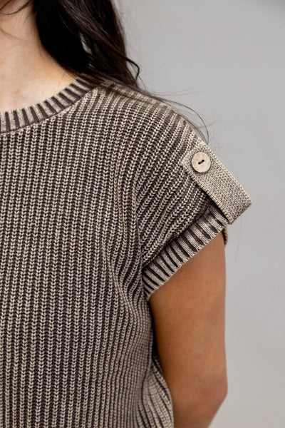 Dark Brown Acid Wash Back Button Knit Top