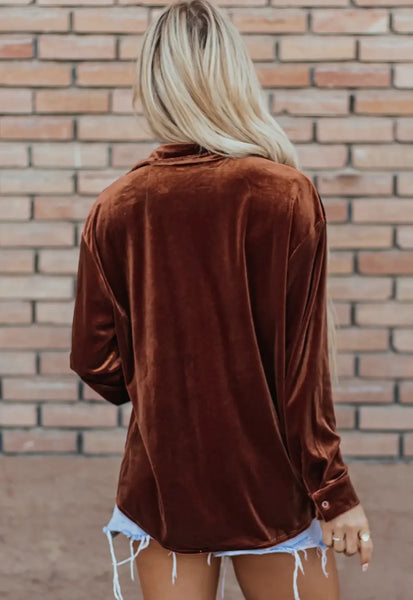 Chocolate Velvet Button Down Top