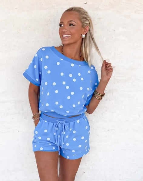 Blue Polka Dot Short Sleeve Top & Shorts Set