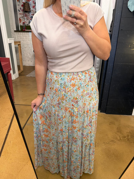 Sky Blue Floral Tiered Maxi Skirt